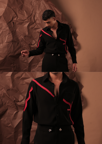 Man wearing HORD Narrow Down black shirt with red cord piping, full body and detail collage