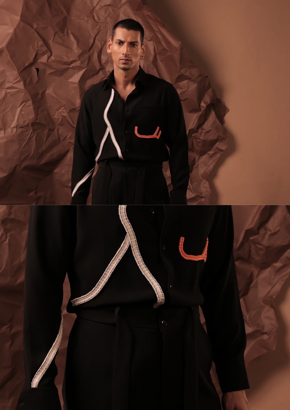Man wearing HORD See You Again black shirt with white cord piping and orange pocket trim, full body and detail collage