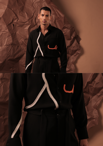 Man wearing HORD See You Again black shirt with white cord piping and orange pocket trim, full body and detail collage