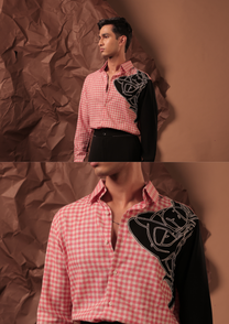 Man wearing HORD Left Out pink gingham shirt with black panel and white celtic knot line art, full body and detail collage