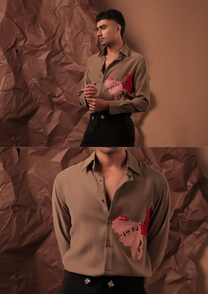 Man wearing HORD Half Tone taupe shirt with red and pink abstract patch, full body and detail collage