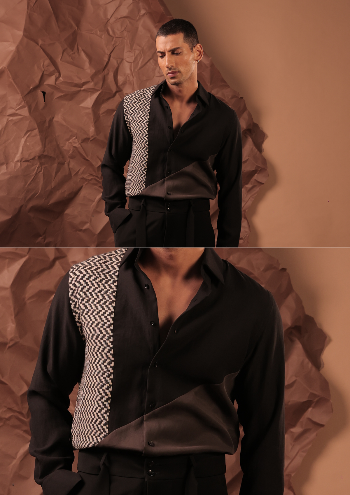 Man wearing HORD United By Difference black shirt with grey and white chevron panel, full body and detail collage