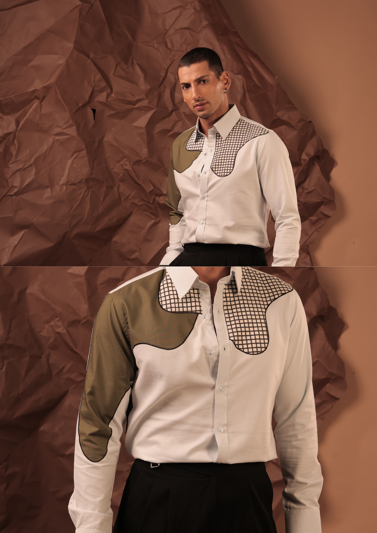 Close-up of HORD Curvature and Co. shirt showing olive curved sleeve, black piping and brown grid-check yoke on grey