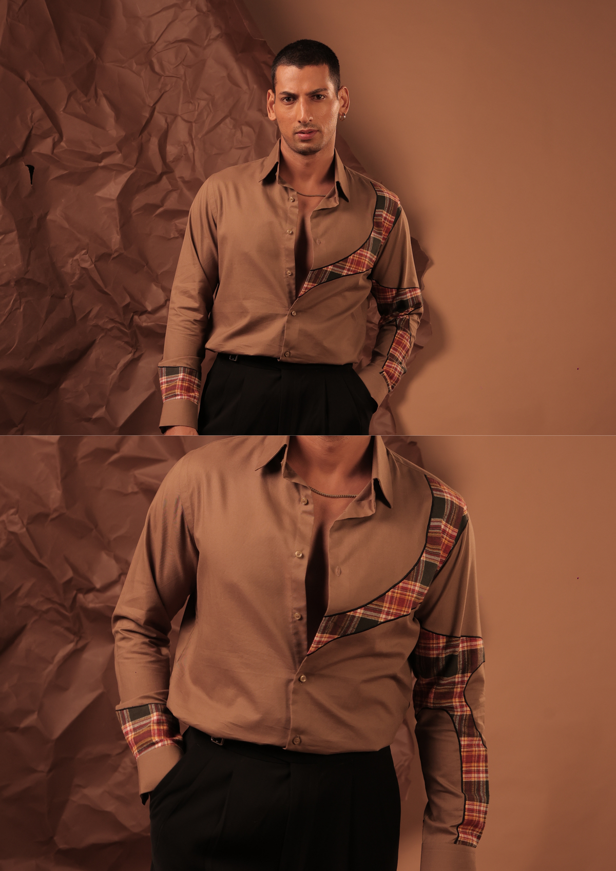 Man wearing HORD Formio taupe shirt with diagonal plaid colorblock panel, full body and detail collage
