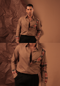 Man wearing HORD Formio taupe shirt with diagonal plaid colorblock panel, full body and detail collage
