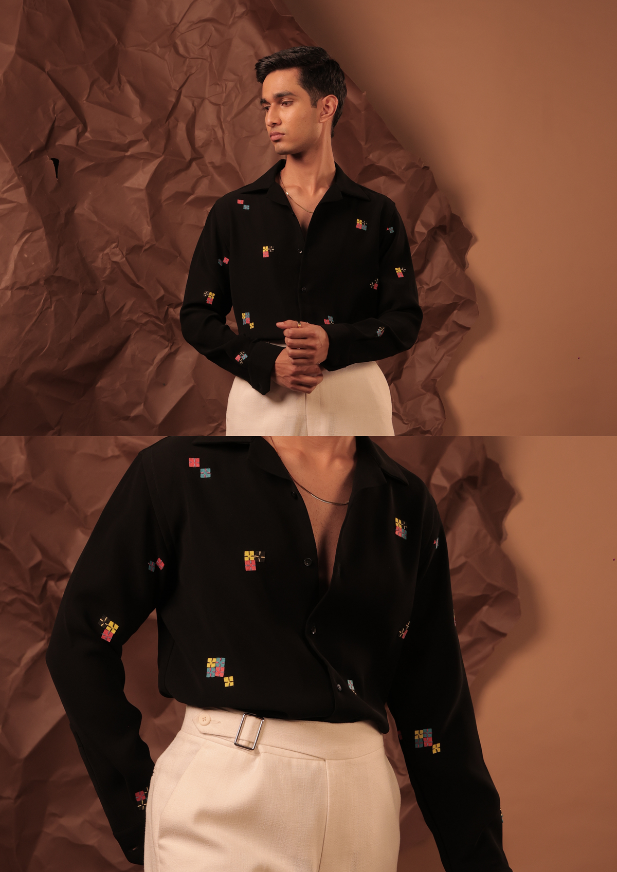 Close-up of HORD Four Corners shirt showing small multicolour pixel squares on black
