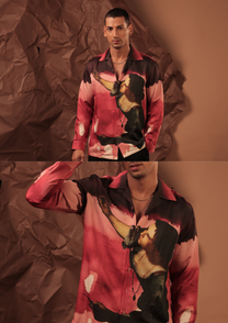 Man wearing HORD Allegory Of Ketchup pink and burgundy shirt with classical portrait print, full body and detail collage