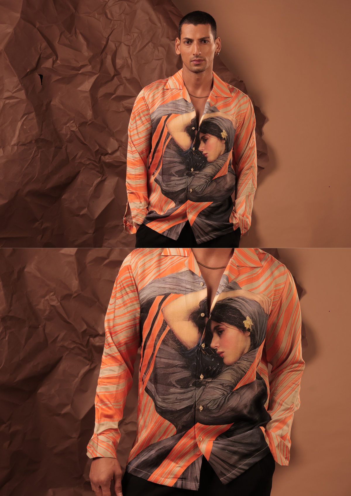 Man wearing HORD Marigold Boreas orange and grey striped shirt with classical couple portrait print, full body and detail collage