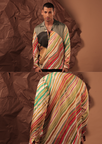 Man wearing HORD Nimbu Soda Veil multicolor striped shirt with classical portrait print, full body and detail collage