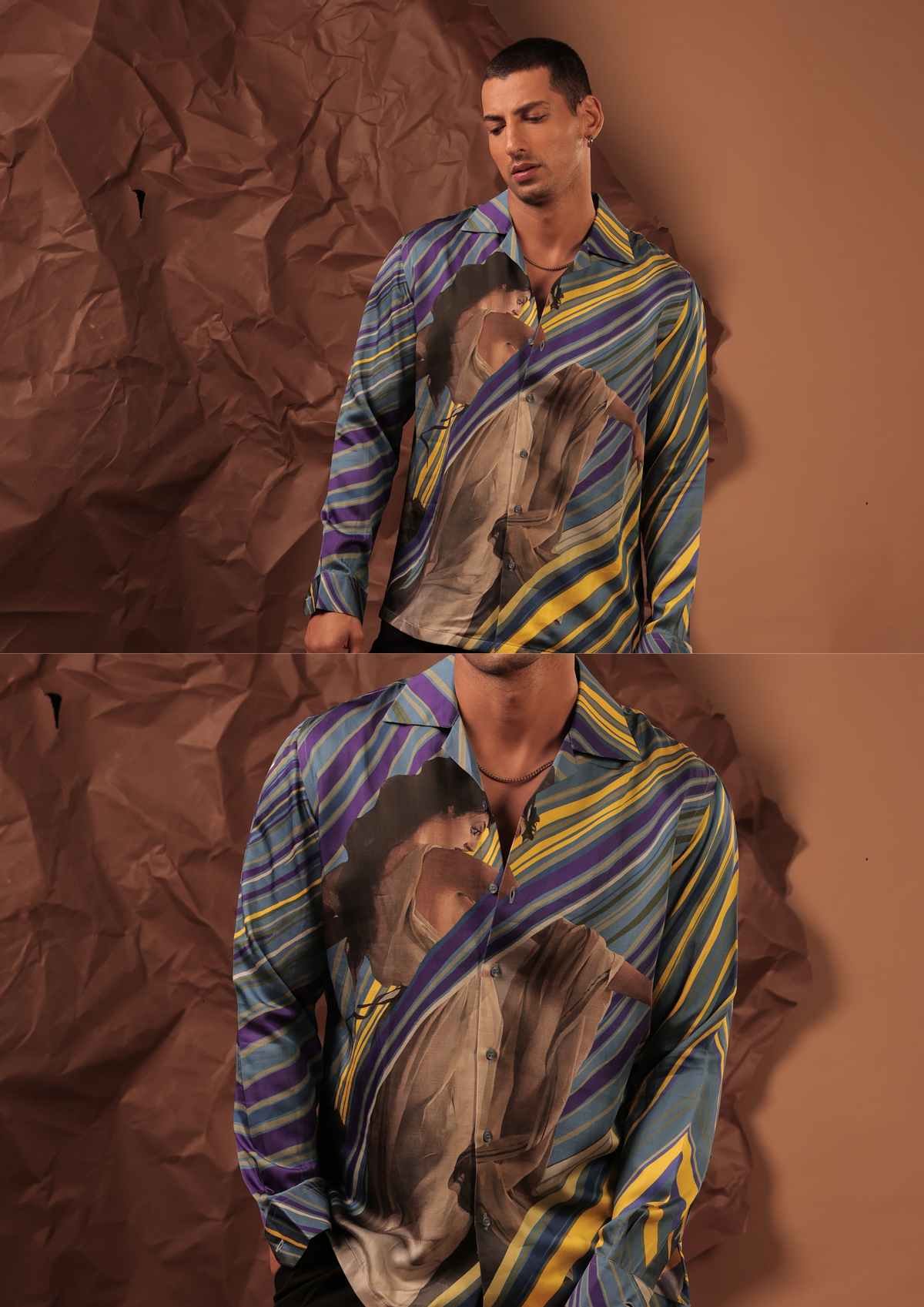Man wearing HORD Death Of Van Glow blue purple and yellow striped shirt with classical portrait print, full body and detail collage