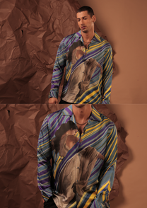 Man wearing HORD Death Of Van Glow blue purple and yellow striped shirt with classical portrait print, full body and detail collage