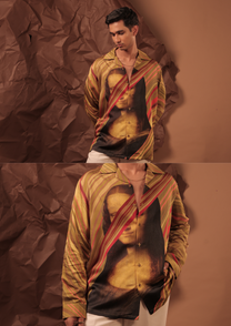 Man wearing HORD Mona Pattagobi gold and red striped shirt with Mona Lisa portrait print, full body and detail collage