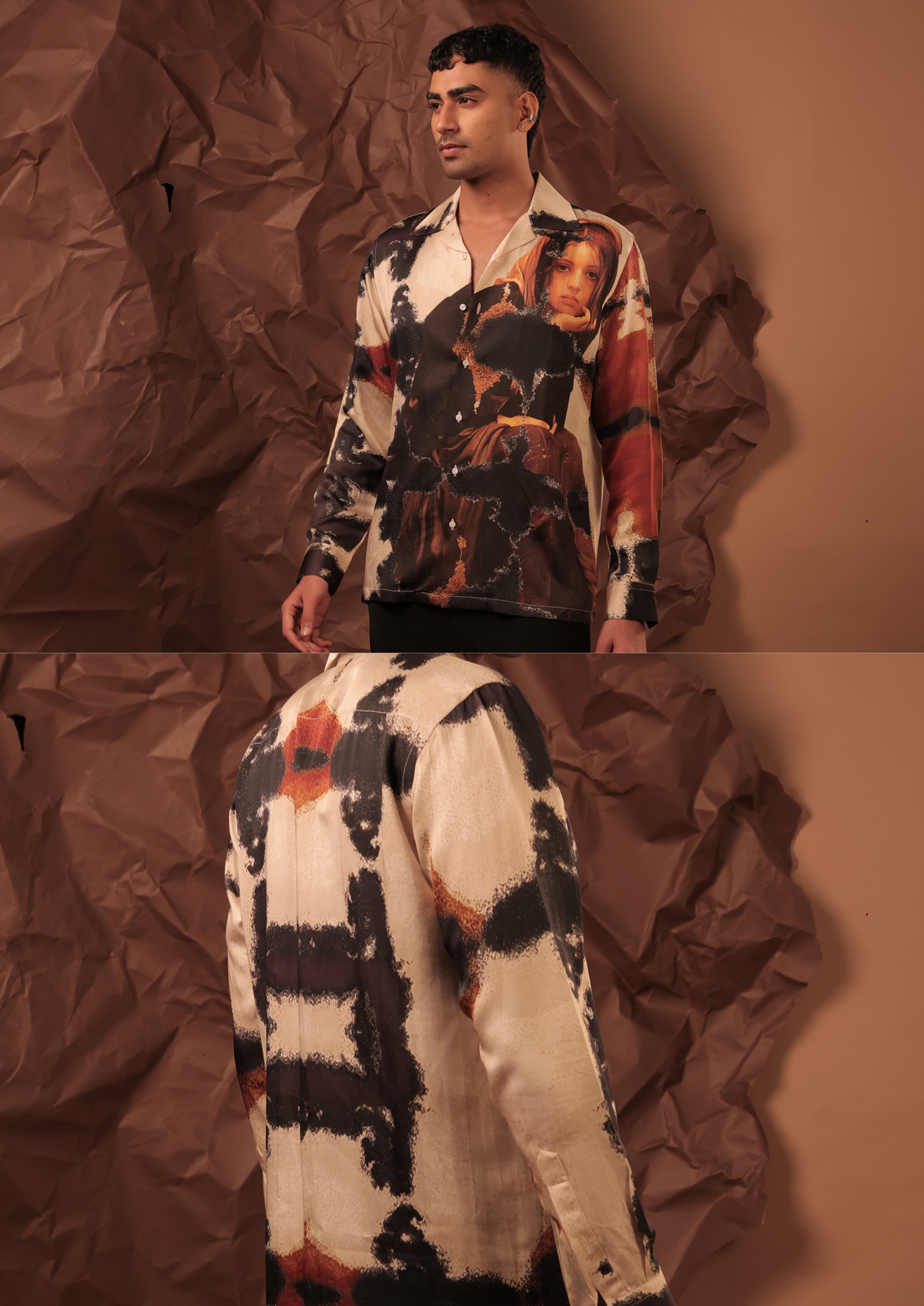 Man wearing HORD Basket Of Cold Coffee cream shirt with abstract wash and classical portrait print, full body and detail collage