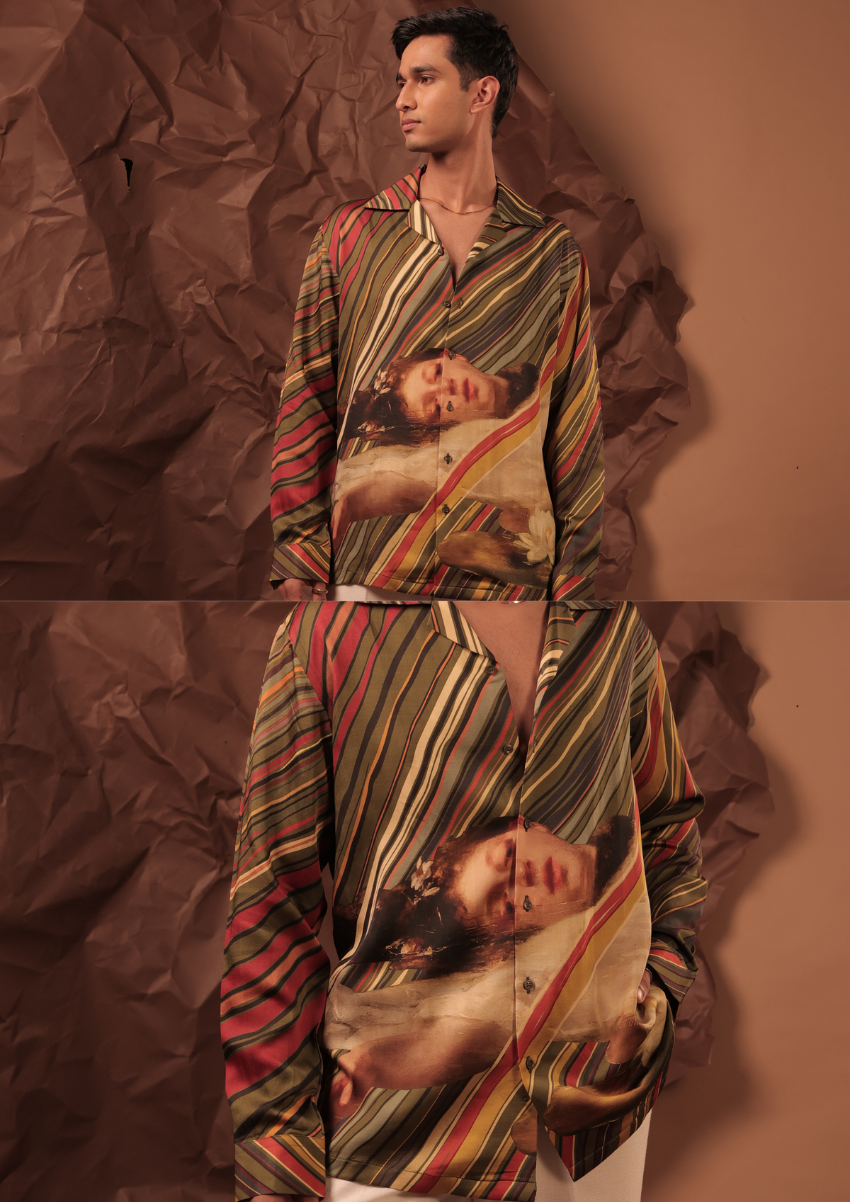 Man wearing HORD Ophelia Guacamole olive red and cream striped shirt with classical portrait print, full body and detail collage