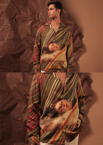 Man wearing HORD Ophelia Guacamole olive red and cream striped shirt with classical portrait print, full body and detail collage