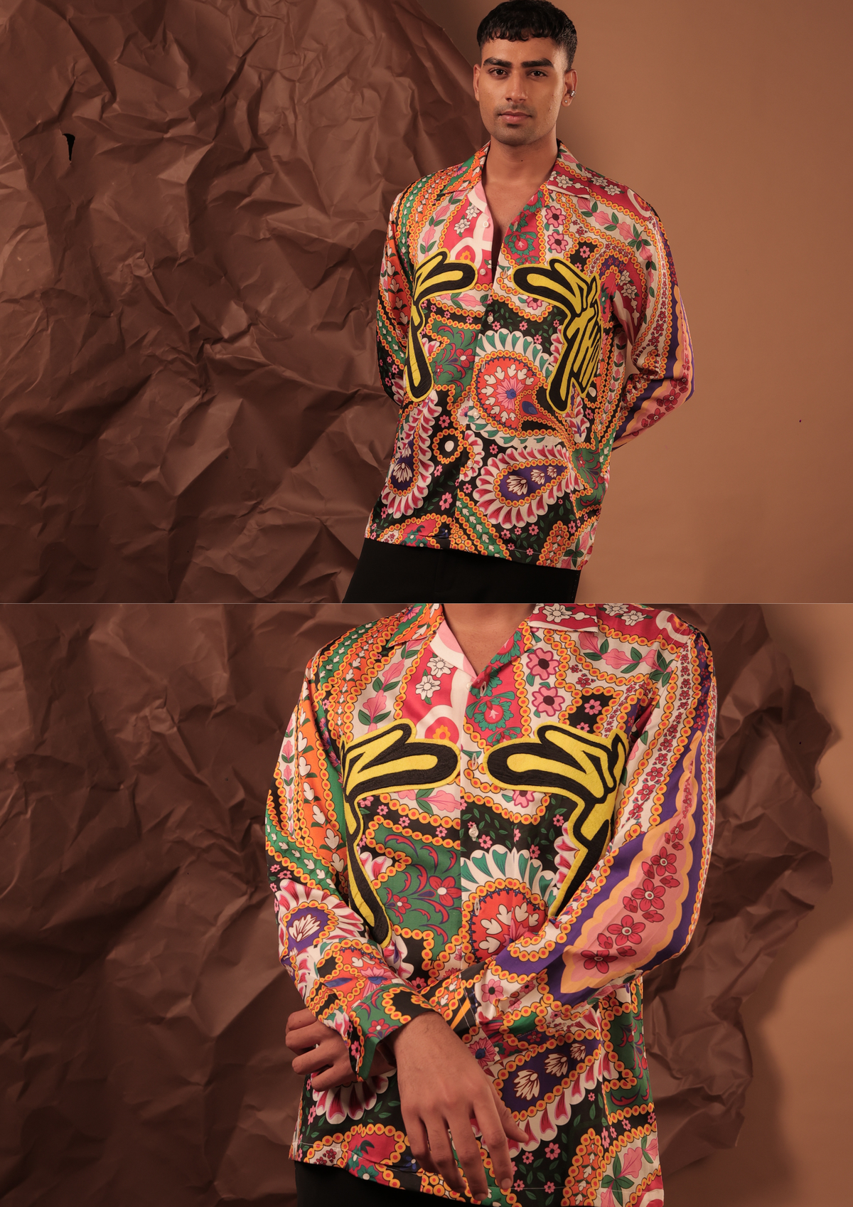 Close-up of HORD Sweet Life shirt showing coral, green and pink paisley with yellow graphic lettering