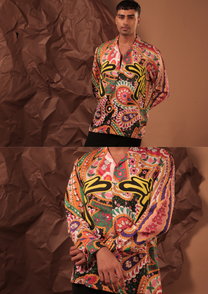 Close-up of HORD Sweet Life shirt showing coral, green and pink paisley with yellow graphic lettering