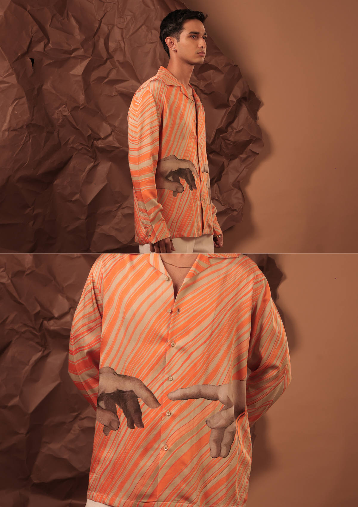 Man wearing HORD The Creation Of Marigold orange striped shirt with Sistine Chapel inspired hand print, full body and detail collage
