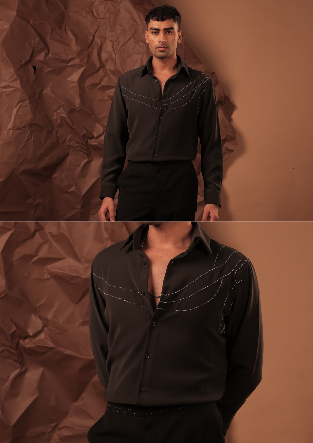 Close-up of HORD Trajectory shirt showing ivory hand-stitched arcs on black chest