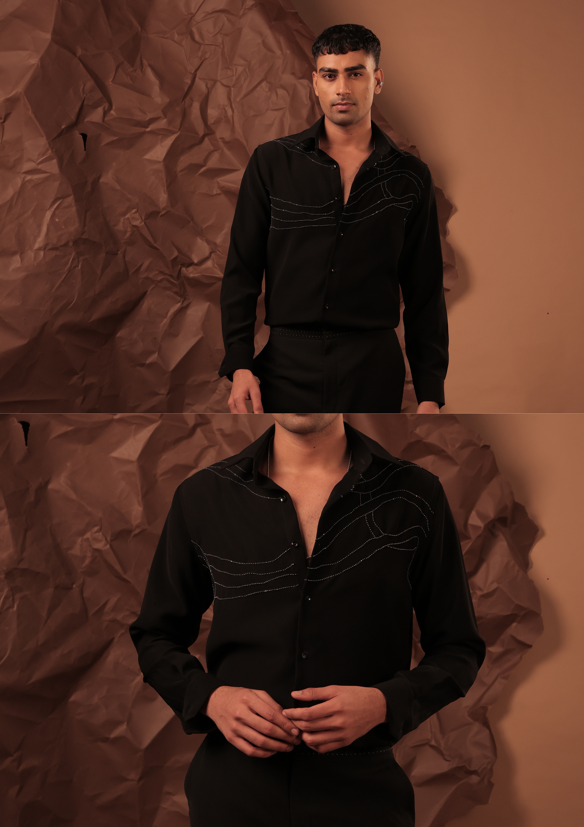 Close-up of HORD Motion Failure shirt showing rippling ivory stitch lines and looped motif on black