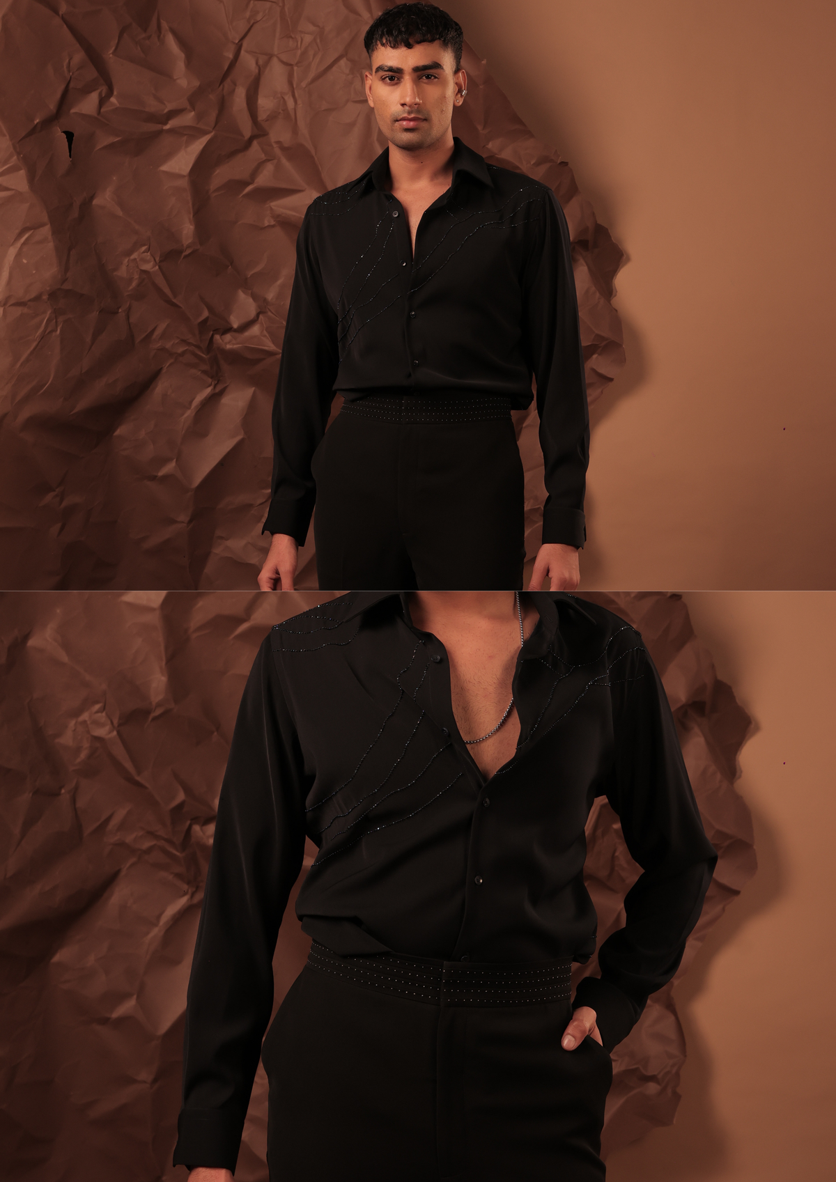 Close-up of HORD Knotchos shirt showing tone-on-tone diagonal stitching and small beads on black