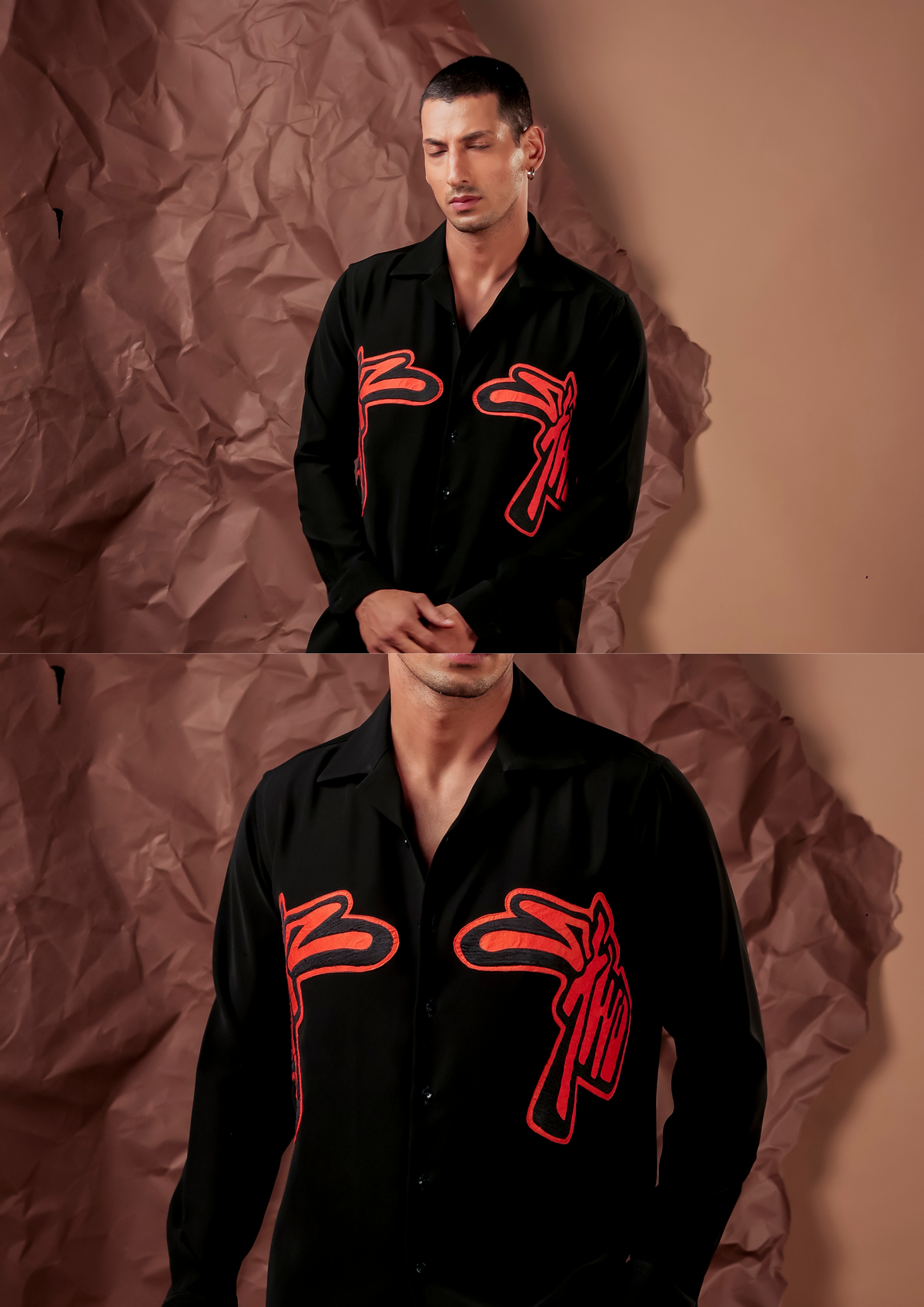 Man wearing HORD Skwd Shirt in black with red graffiti script print, full body and detail collage