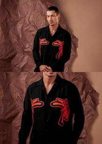 Man wearing HORD Skwd Shirt in black with red graffiti script print, full body and detail collage