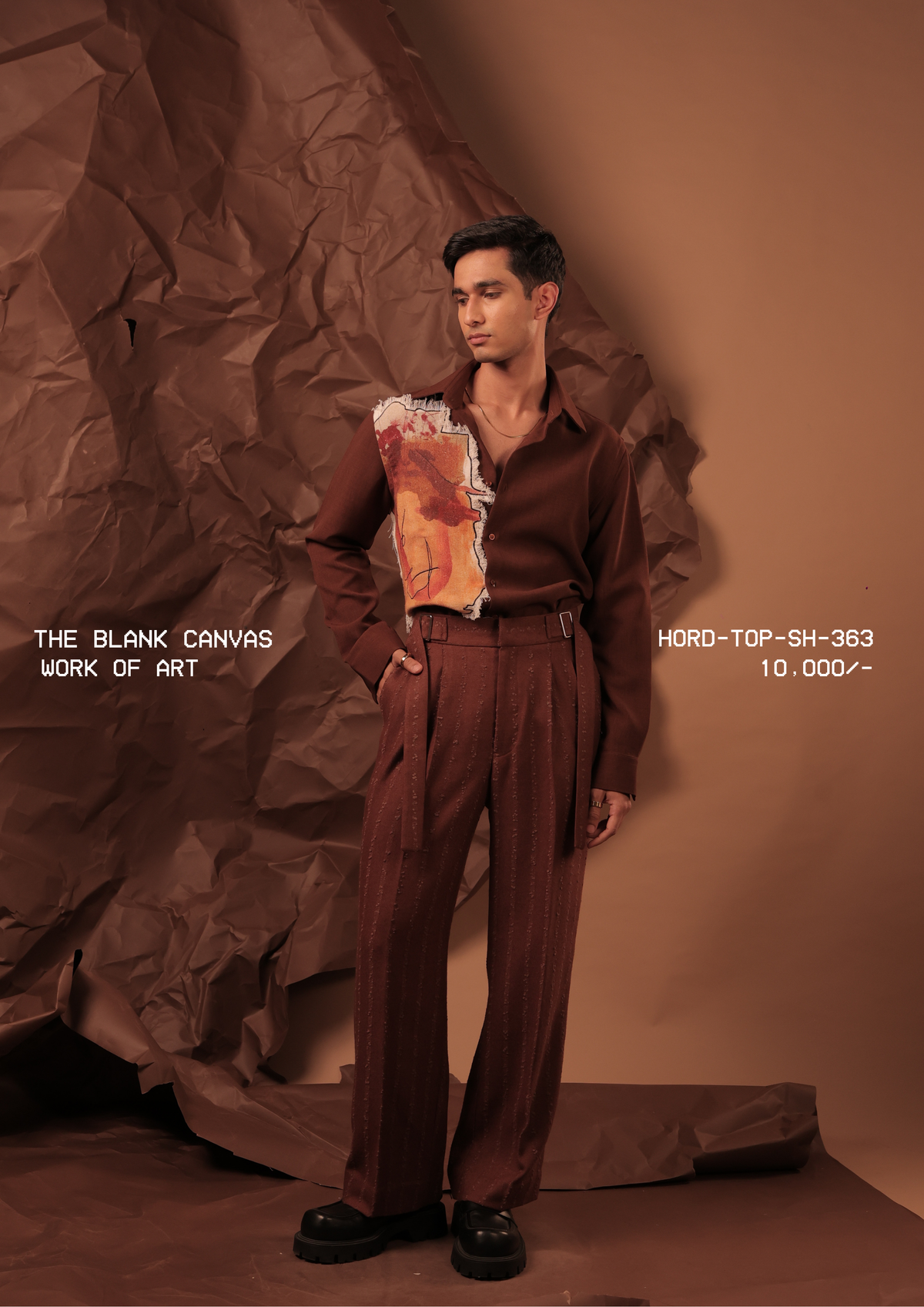 Man wearing HORD Work of Art burgundy shirt with raw-edged painted art panel, styled as a burgundy co-ord