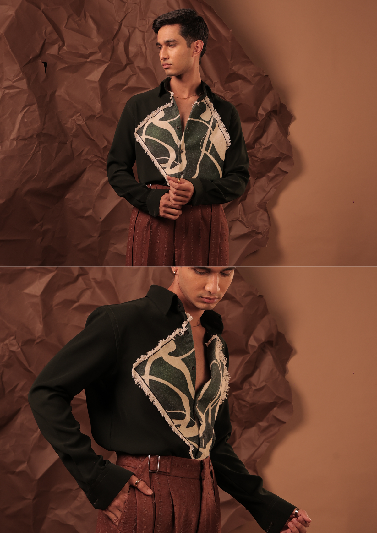 Close-up of HORD Moving Canvas shirt showing frayed diamond panel with cream and green swirl print