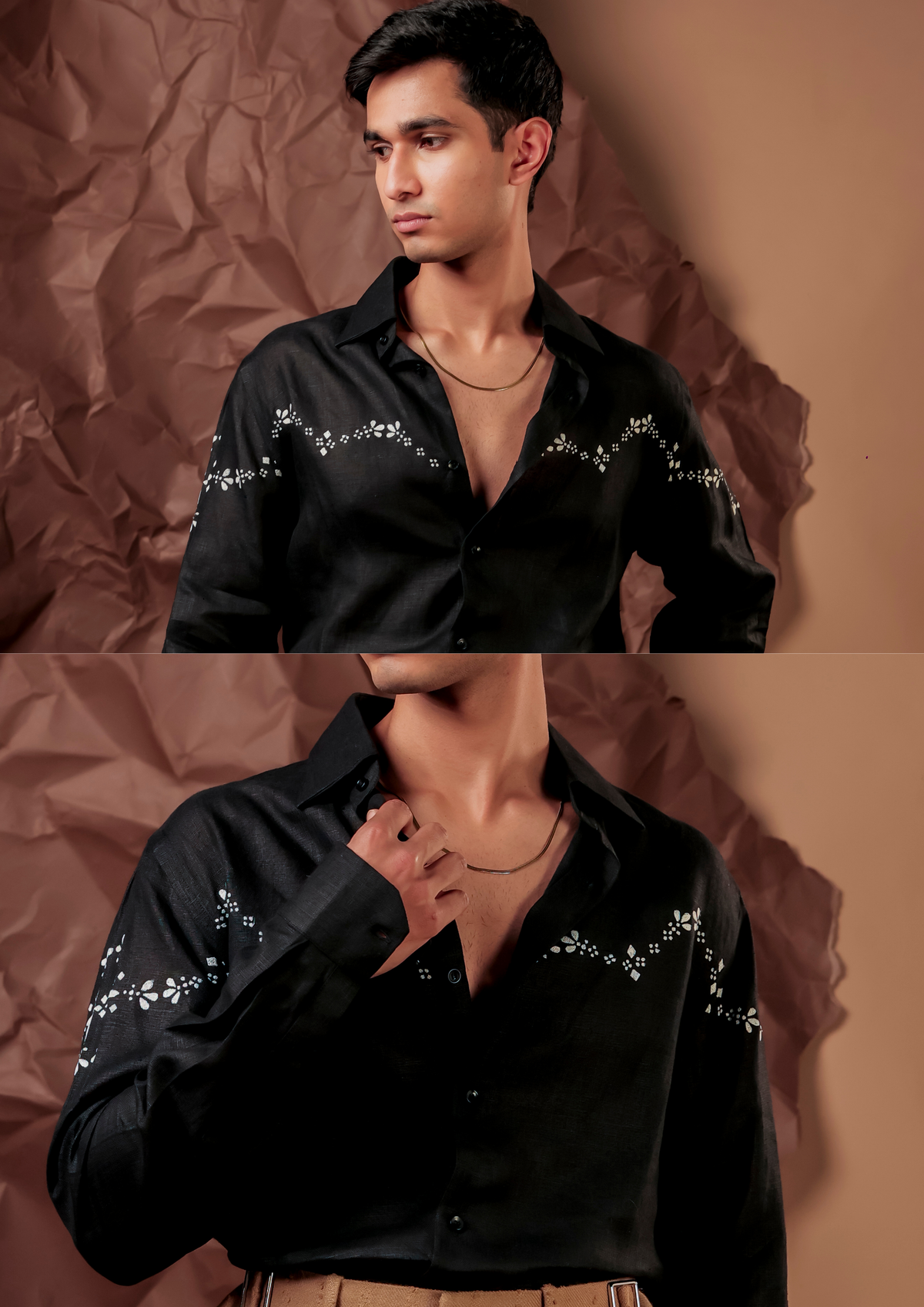 Close-up of HORD Spurfect shirt showing ivory floral stitch western yoke on black