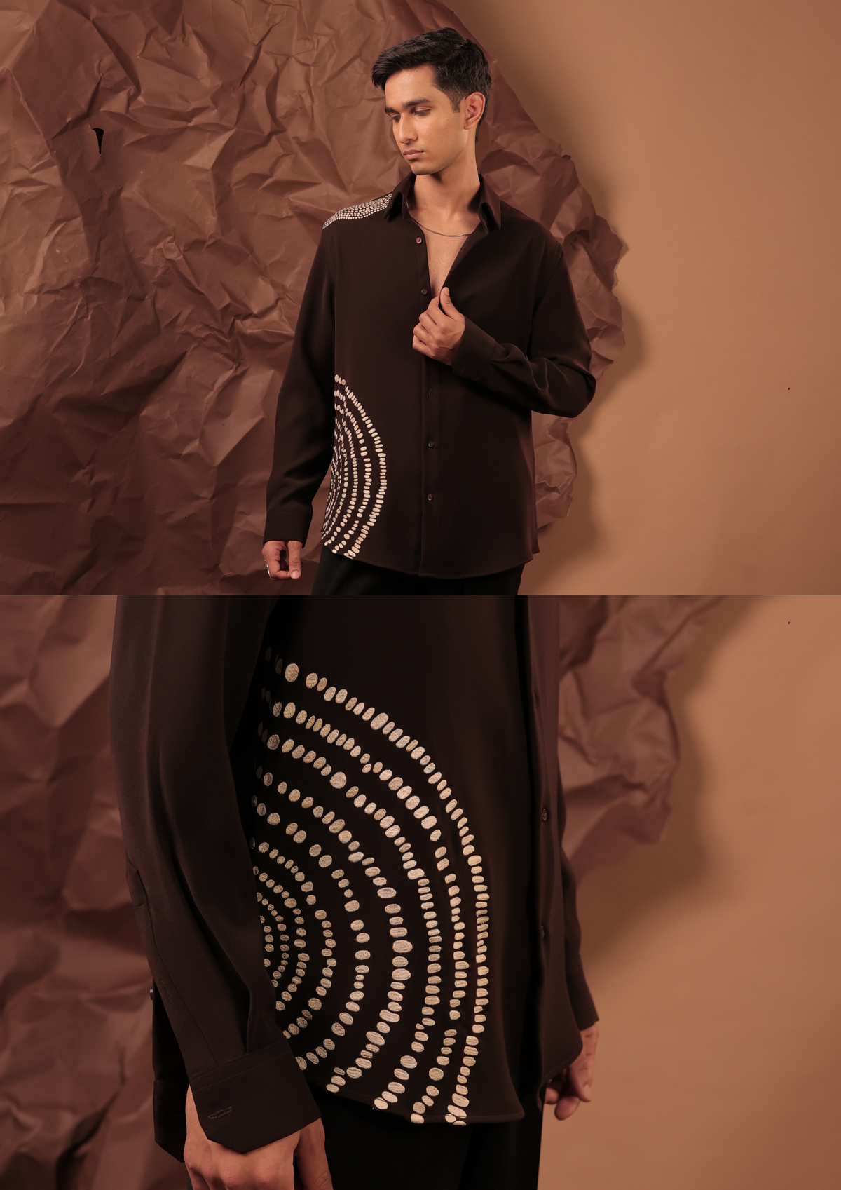 Close-up of HORD Archive shirt showing rippling ivory dot arcs on dark chocolate