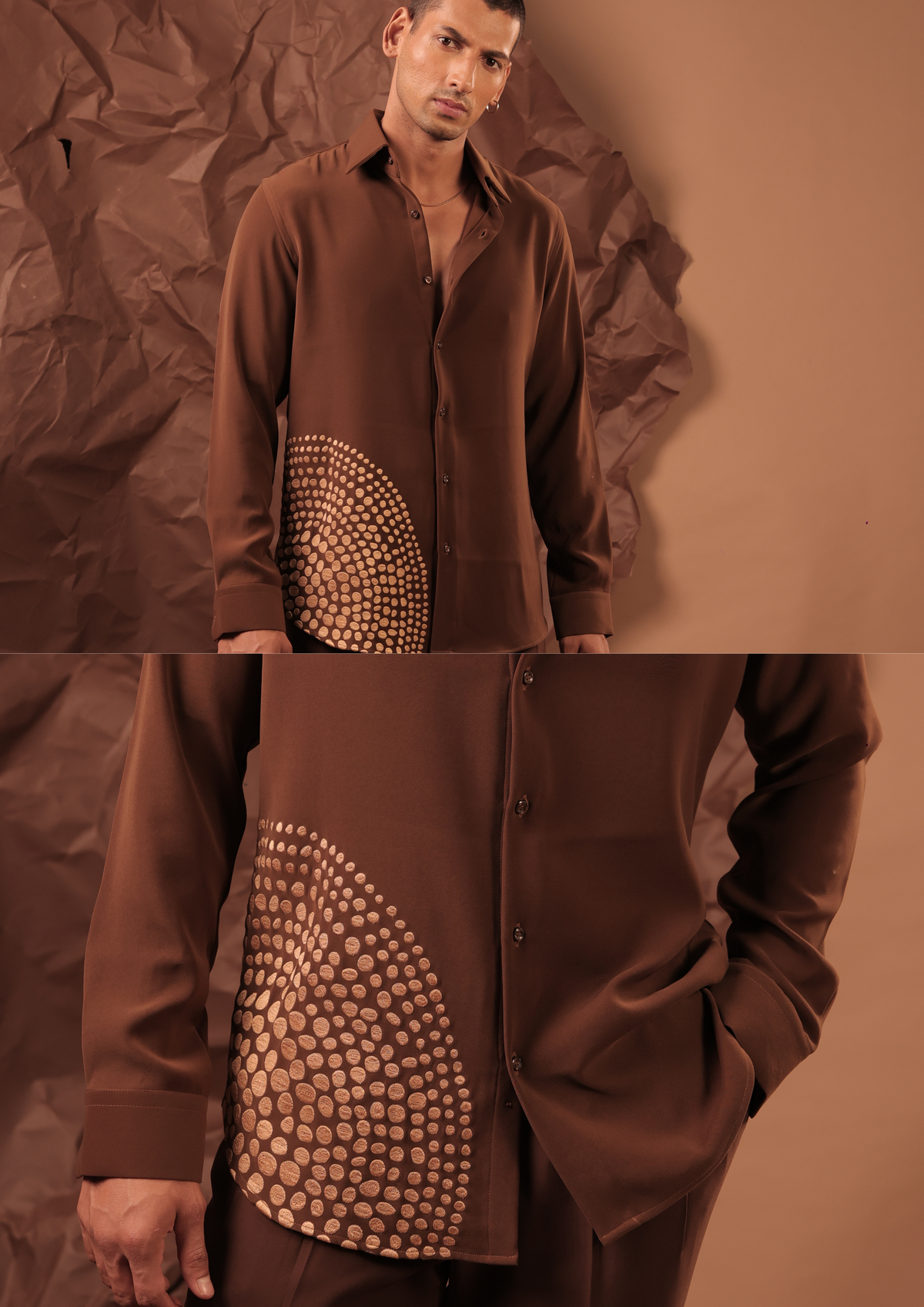 Close-up of HORD Obviously shirt showing gold dot embellishment cluster on cocoa brown