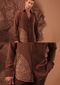 Close-up of HORD Obviously shirt showing gold dot embellishment cluster on cocoa brown