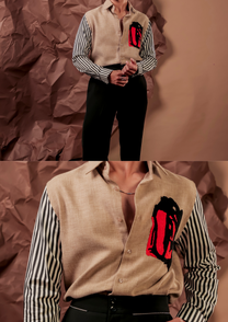 Man wearing HORD Beige Rage shirt with striped sleeve and red abstract patch pocket, full body and detail collage
