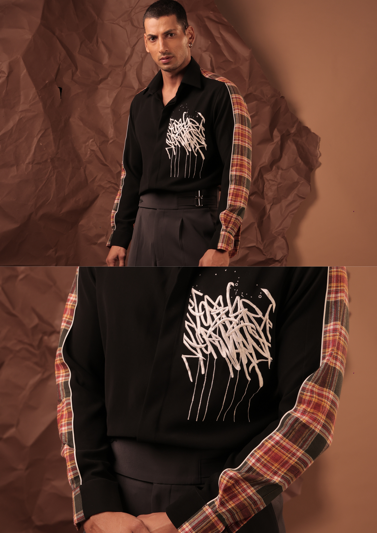 Man wearing HORD Split Personality black shirt with white graffiti print and plaid sleeve, full body and detail collage